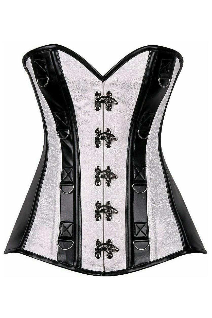 Daisy Corsets Top Drawer White Brocade & Faux Leather Steel Boned Corset - Daisy Corsets - Flyclothing LLC