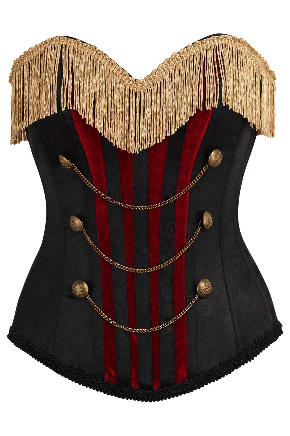 Daisy Corsets Top Drawer Burlesque Black/Dark Red Steel Boned Corset w/Gold Fringe - Daisy Corsets - Flyclothing LLC