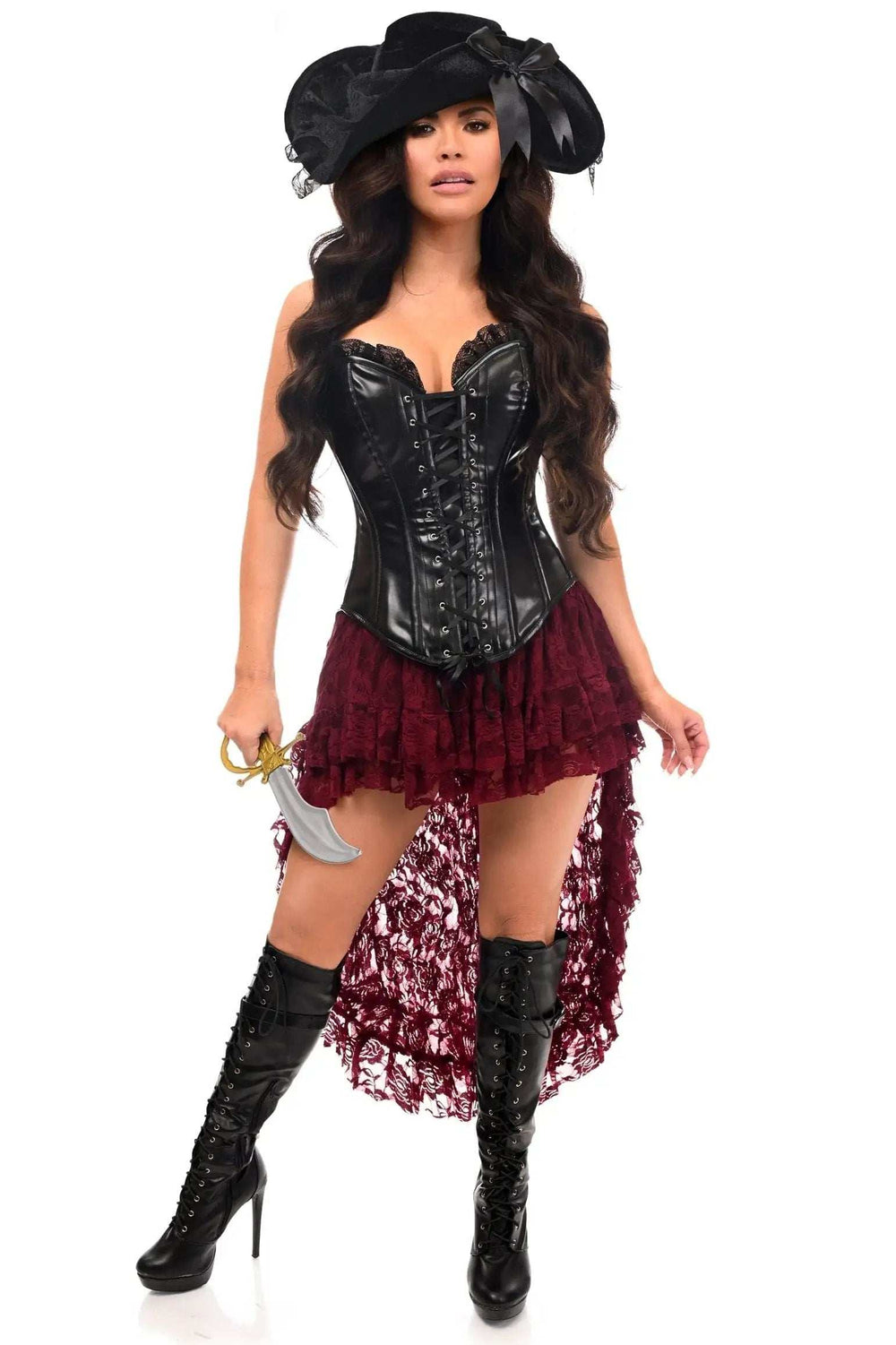 Daisy Corsets Top Drawer 4 PC Black/Wine Lace Premium Pirate Corset Costume - Daisy Corsets - Flyclothing LLC