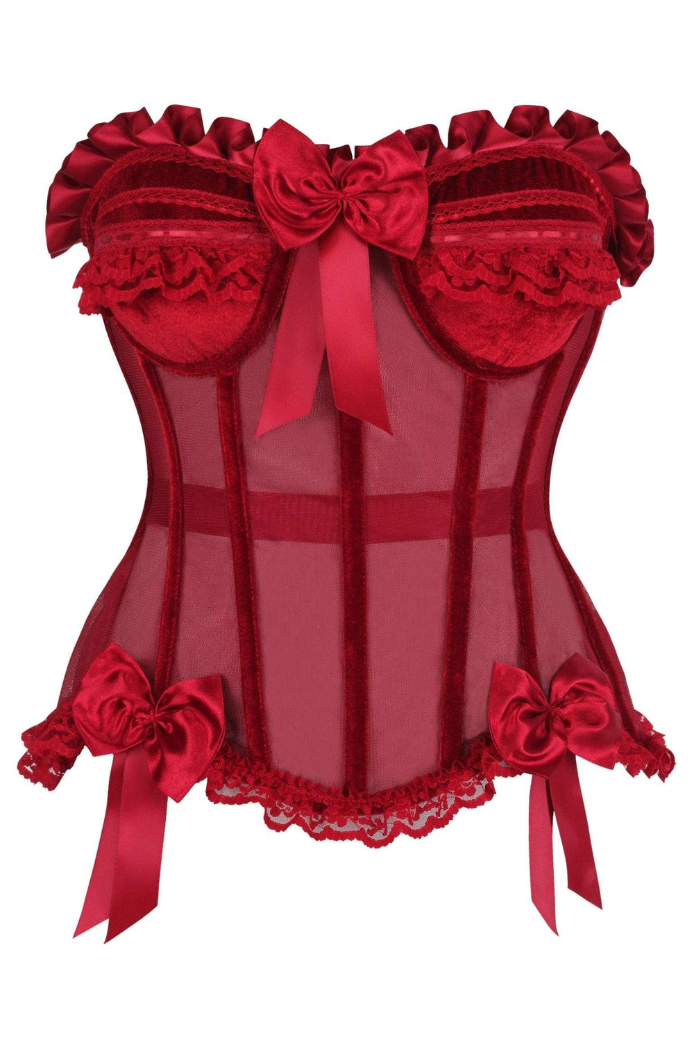 Daisy Corsets Top Drawer Steel Boned Dark Red Mesh & Velvet Underwire Bustier Corset - Daisy Corsets - Flyclothing LLC