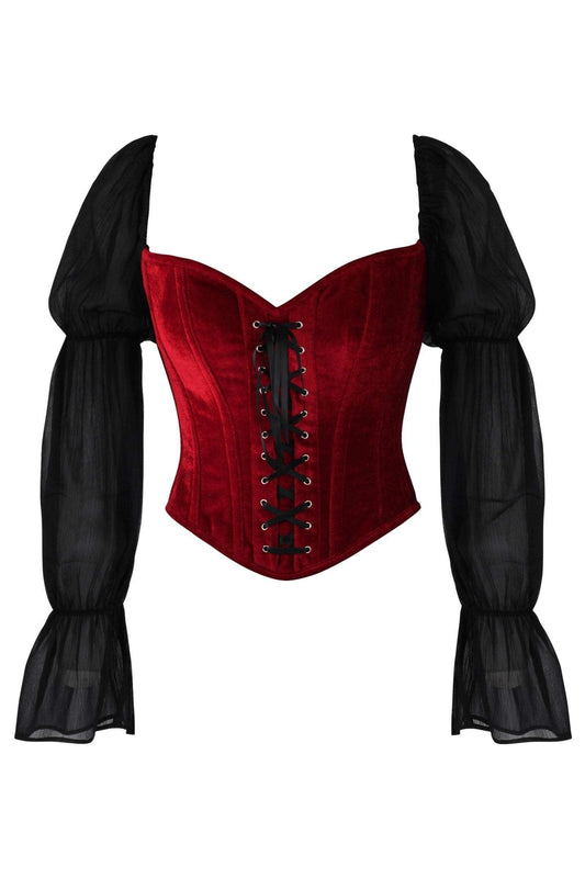Daisy Corsets Top Drawer Dark Red Velvet Steel Boned Corset w/Sleeves - Daisy Corsets - Flyclothing LLC