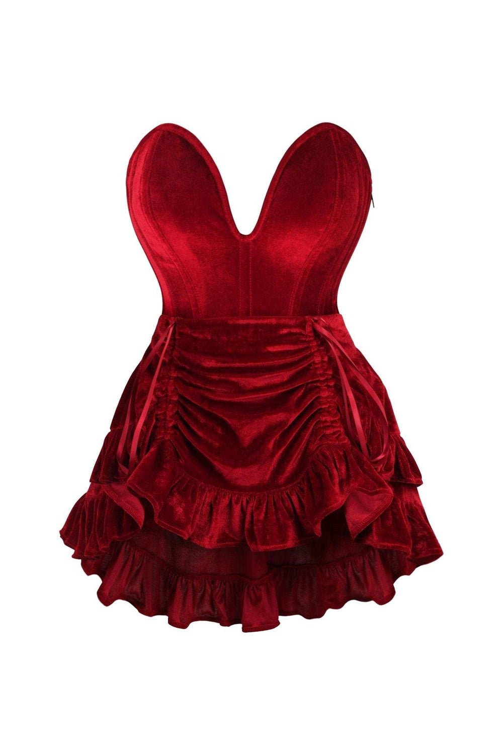 Daisy Corsets Top Drawer 2 PC Steel Boned Dark Red Velvet Plunge Corset & Skirt Set - Daisy Corsets - Flyclothing LLC