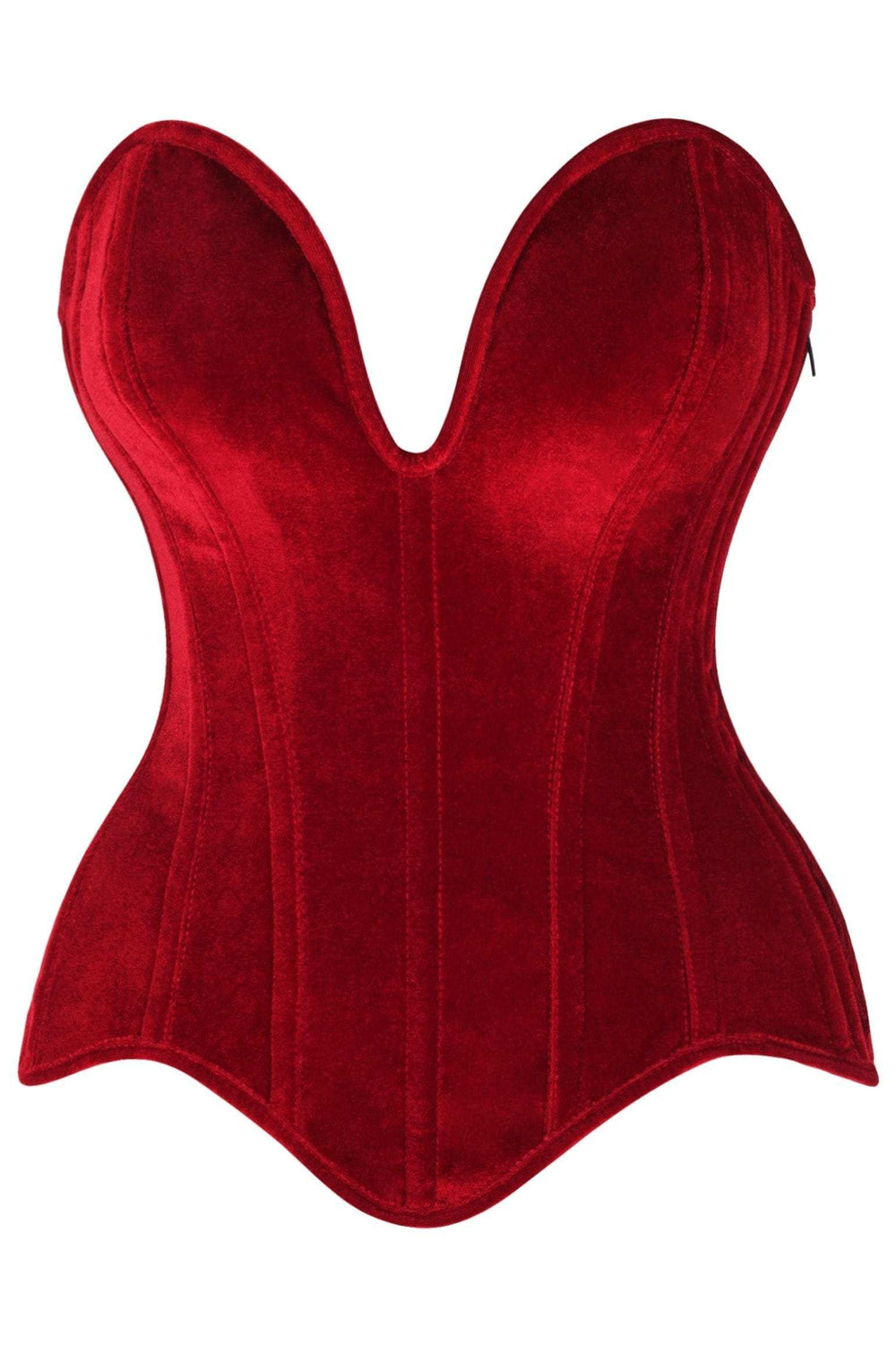 Daisy Corsets Top Drawer Steel Boned Dark Red Velvet Plunge Neckline Overbust Corset - Daisy Corsets - Flyclothing LLC