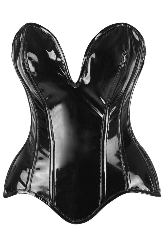 Daisy Corsets Top Drawer Steel Boned Black Patent Plunge Neckline Overbust Corset - Daisy Corsets - Flyclothing LLC