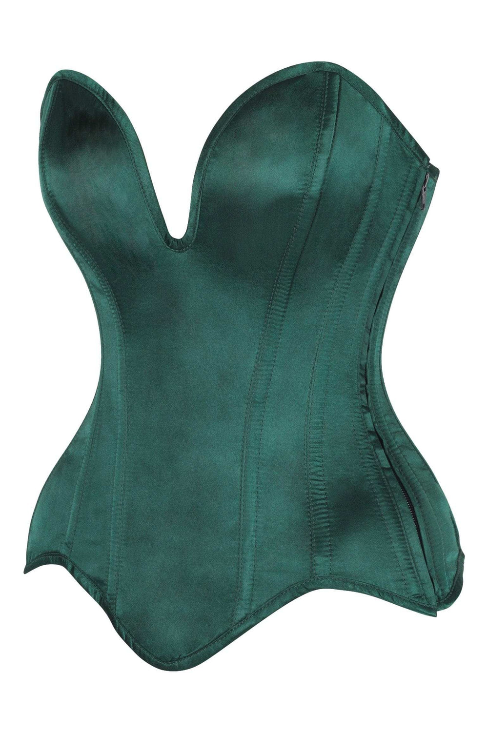 Daisy Corsets Top Drawer Steel Boned Dark Green Satin Plunge Neckline Overbust Corset - Daisy Corsets - Flyclothing LLC
