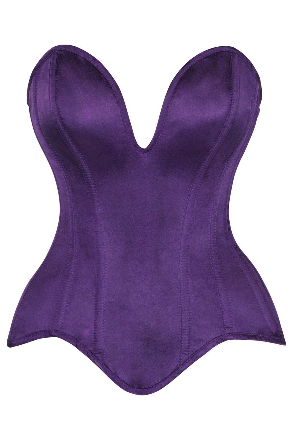 Daisy Corsets Top Drawer Steel Boned Plum Satin Plunge Neckline Overbust Corset - Daisy Corsets - Flyclothing LLC