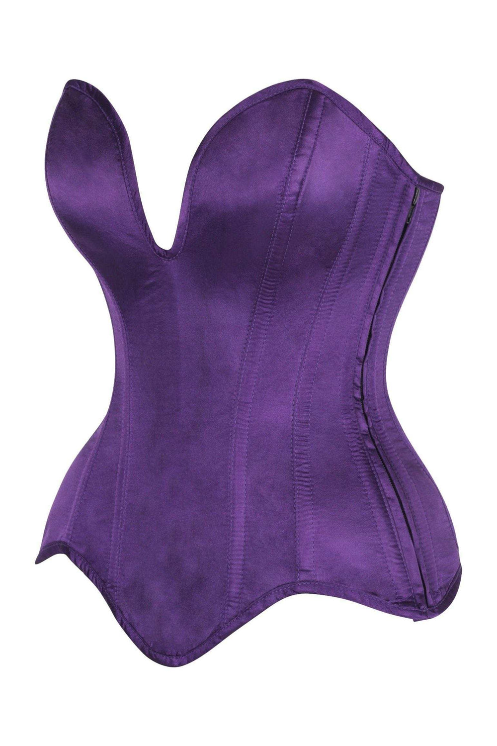 Daisy Corsets Top Drawer Steel Boned Plum Satin Plunge Neckline Overbust Corset - Daisy Corsets - Flyclothing LLC