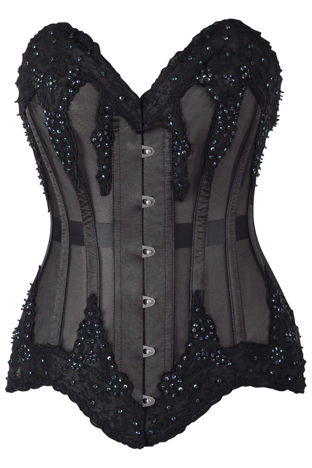 Daisy Corsets Top Drawer Sheer Black Mesh & Beaded Steel Boned Overbust Corset - Daisy Corsets - Flyclothing LLC