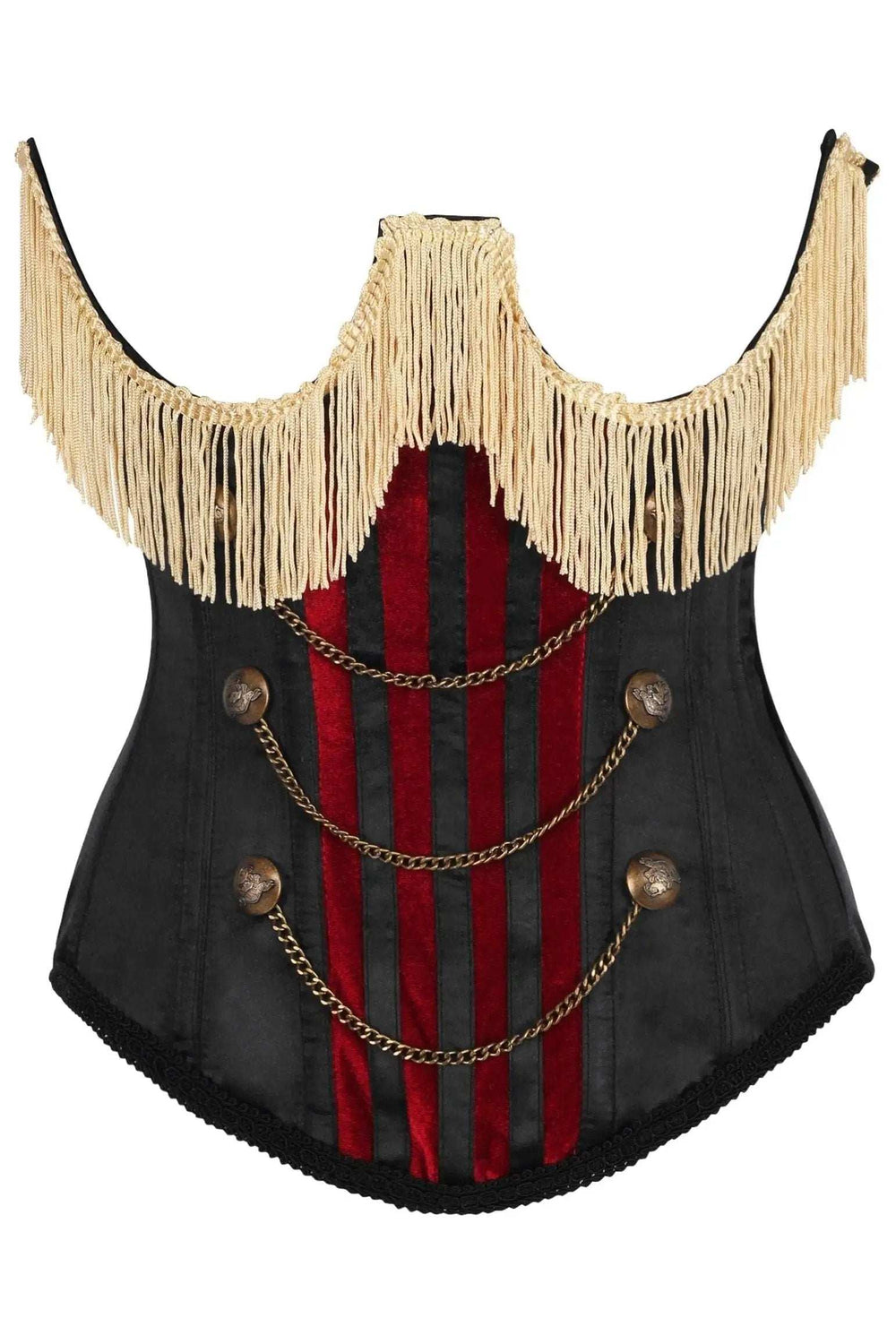 Daisy Corsets Top Drawer Burlesque Underbust Black/Dark Red Steel Boned Corset w/Gold Fringe - Daisy Corsets - Flyclothing LLC