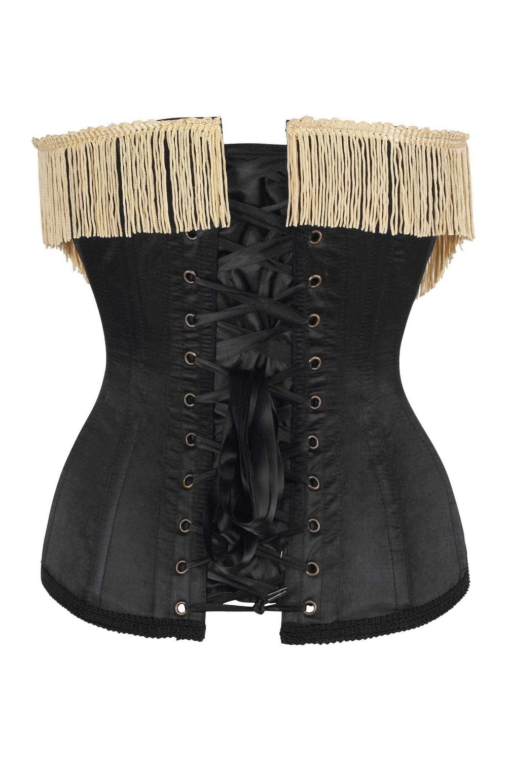 Daisy Corsets Top Drawer Burlesque Underbust Black/Dark Red Steel Boned Corset w/Gold Fringe - Daisy Corsets - Flyclothing LLC