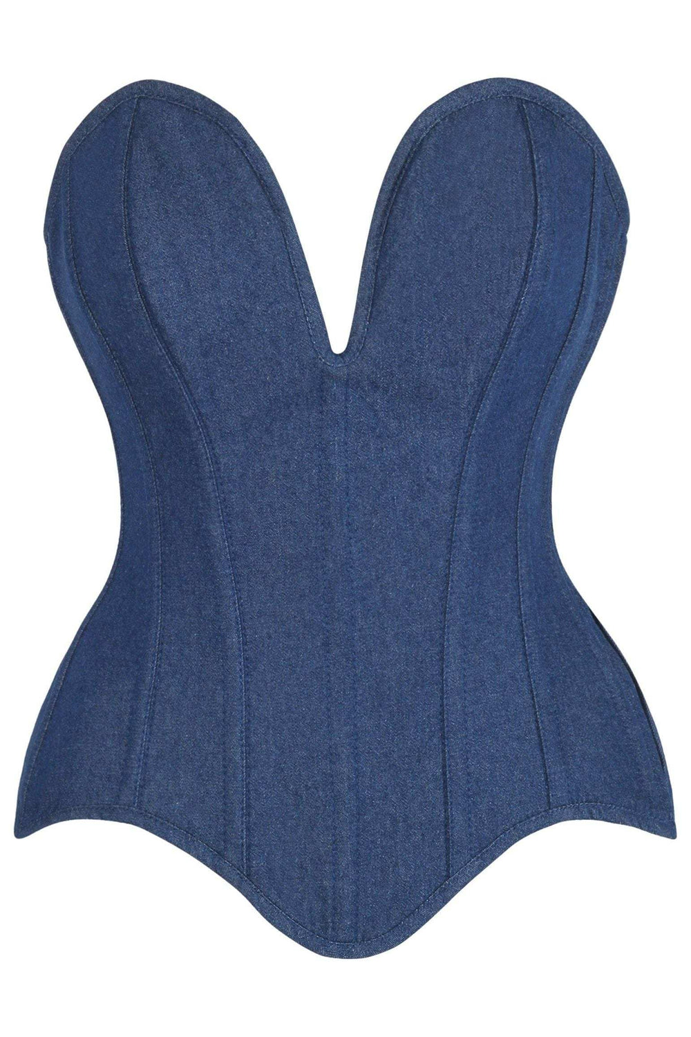 Daisy Corsets Top Drawer Steel Boned Dark Blue Denim Plunge Neckline Overbust Corset - Daisy Corsets - Flyclothing LLC
