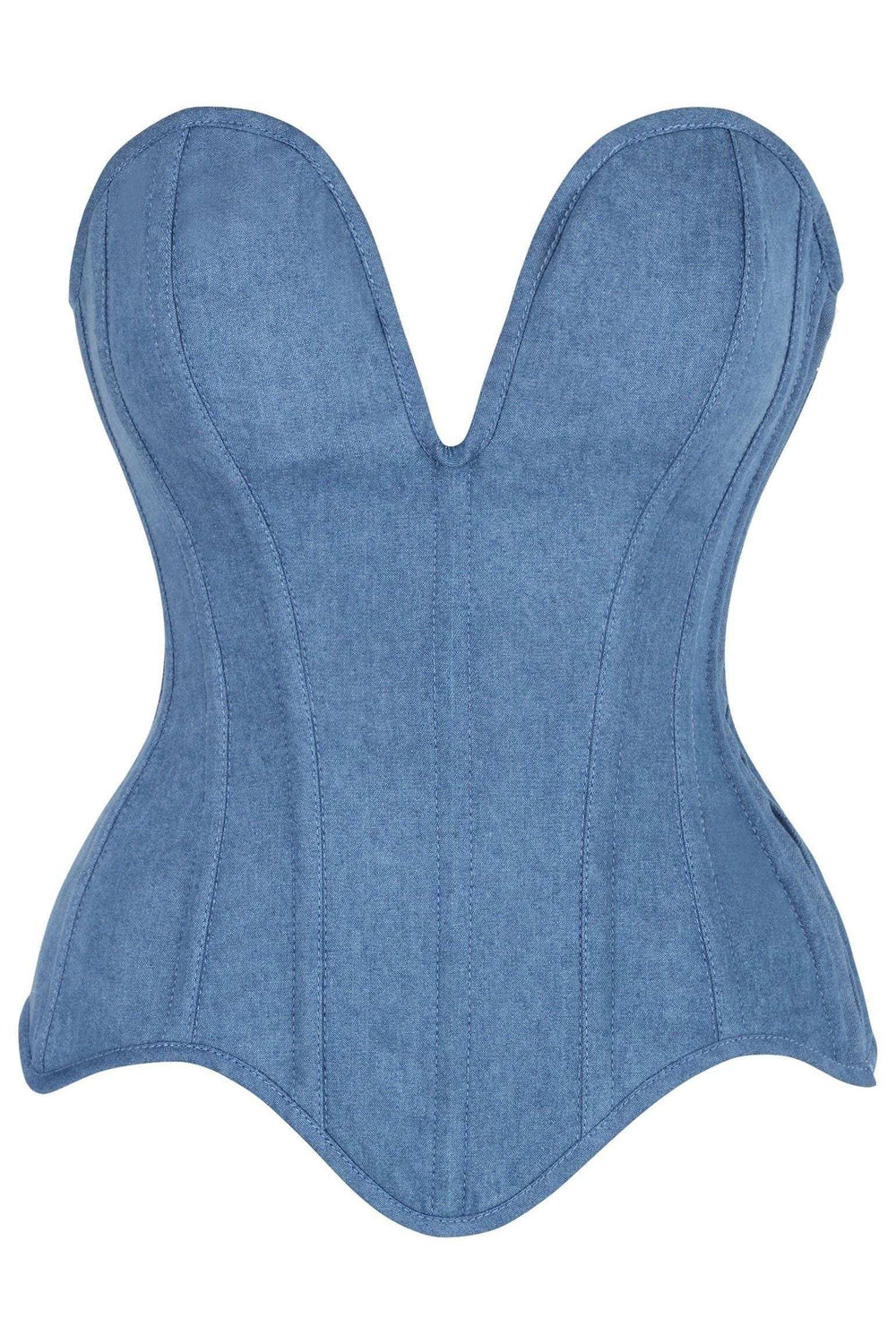 Daisy Corsets Top Drawer Steel Boned Blue Denim Plunge Neckline Overbust Corset - Daisy Corsets - Flyclothing LLC