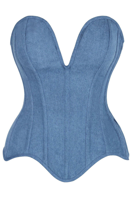 Daisy Corsets Top Drawer Steel Boned Blue Denim Plunge Neckline Overbust Corset - Daisy Corsets - Flyclothing LLC