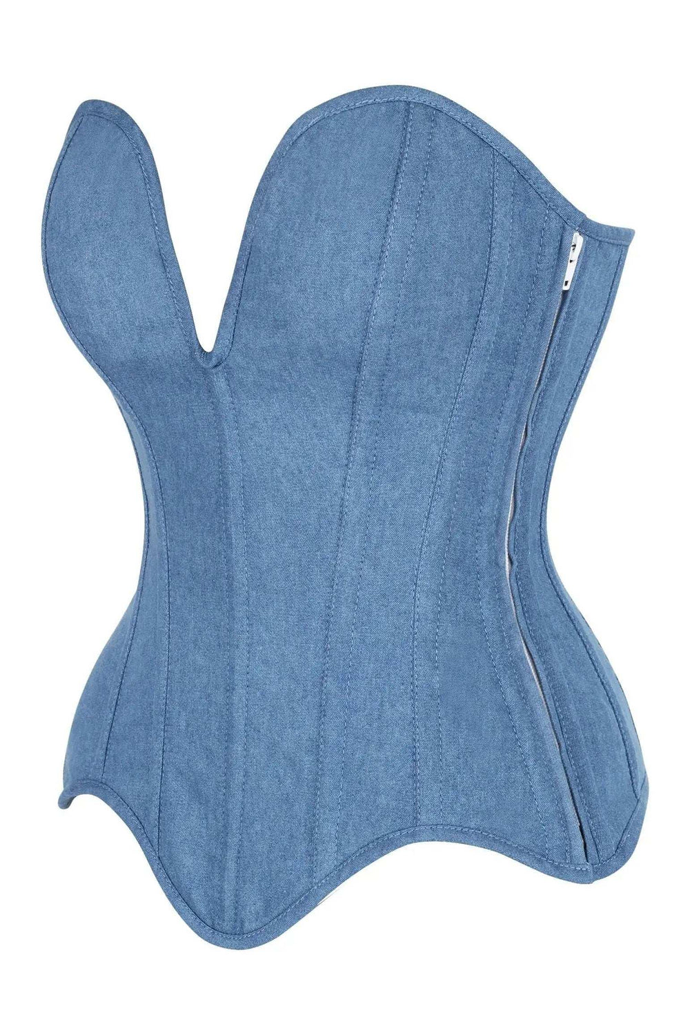 Daisy Corsets Top Drawer Steel Boned Blue Denim Plunge Neckline Overbust Corset - Daisy Corsets - Flyclothing LLC