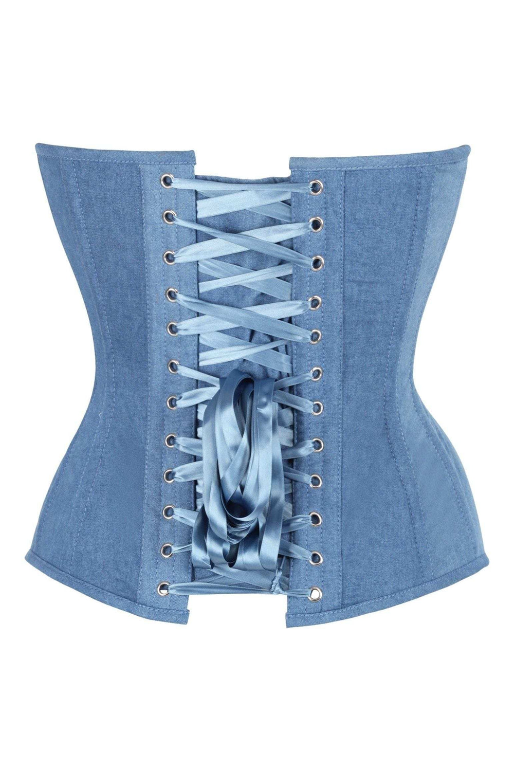 Daisy Corsets Top Drawer Steel Boned Blue Denim Plunge Neckline Overbust Corset - Daisy Corsets - Flyclothing LLC