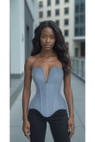 Daisy Corsets Top Drawer Steel Boned Light Blue Denim Plunge Neckline Overbust Corset - Daisy Corsets - Flyclothing LLC