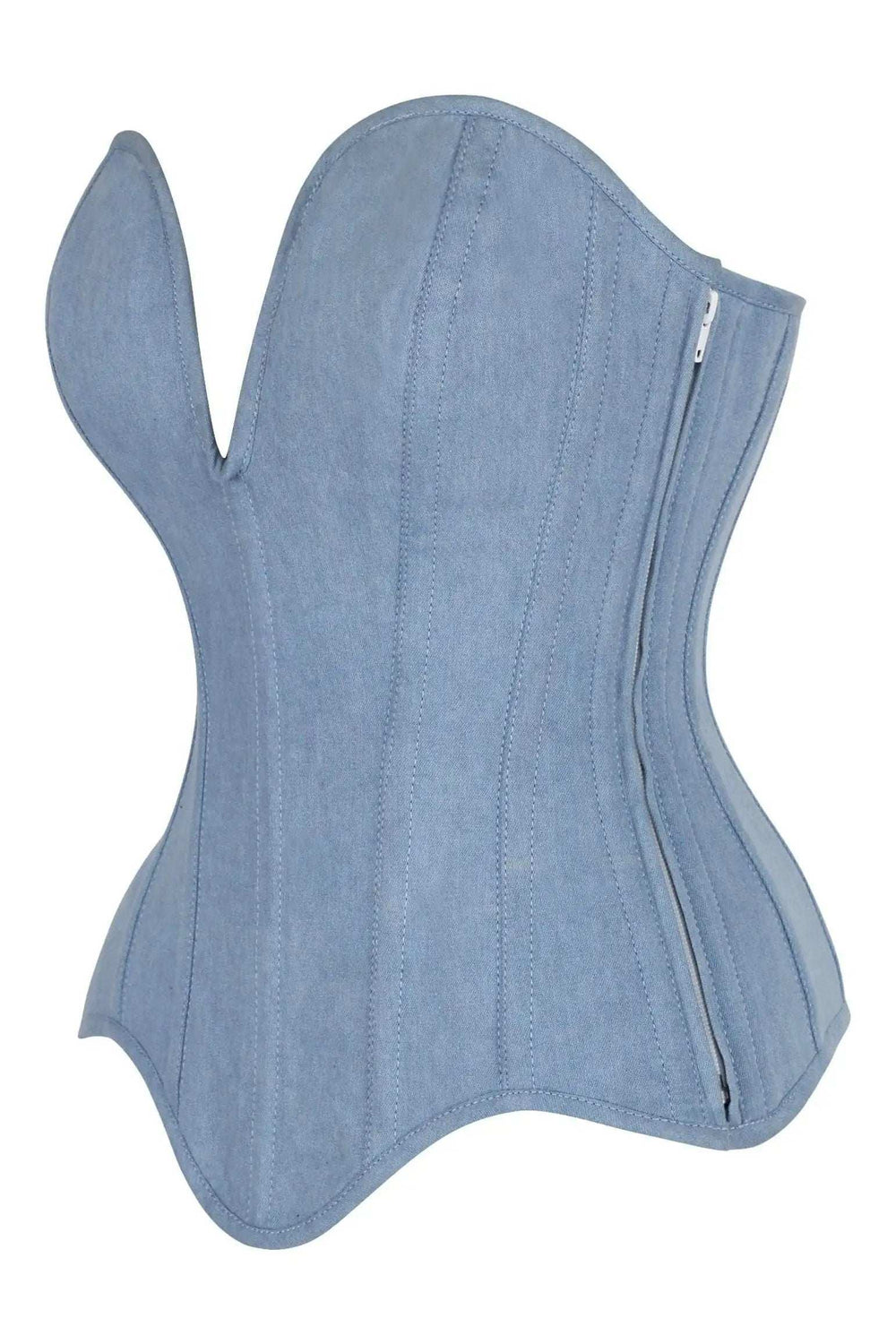 Daisy Corsets Top Drawer Steel Boned Light Blue Denim Plunge Neckline Overbust Corset - Daisy Corsets - Flyclothing LLC