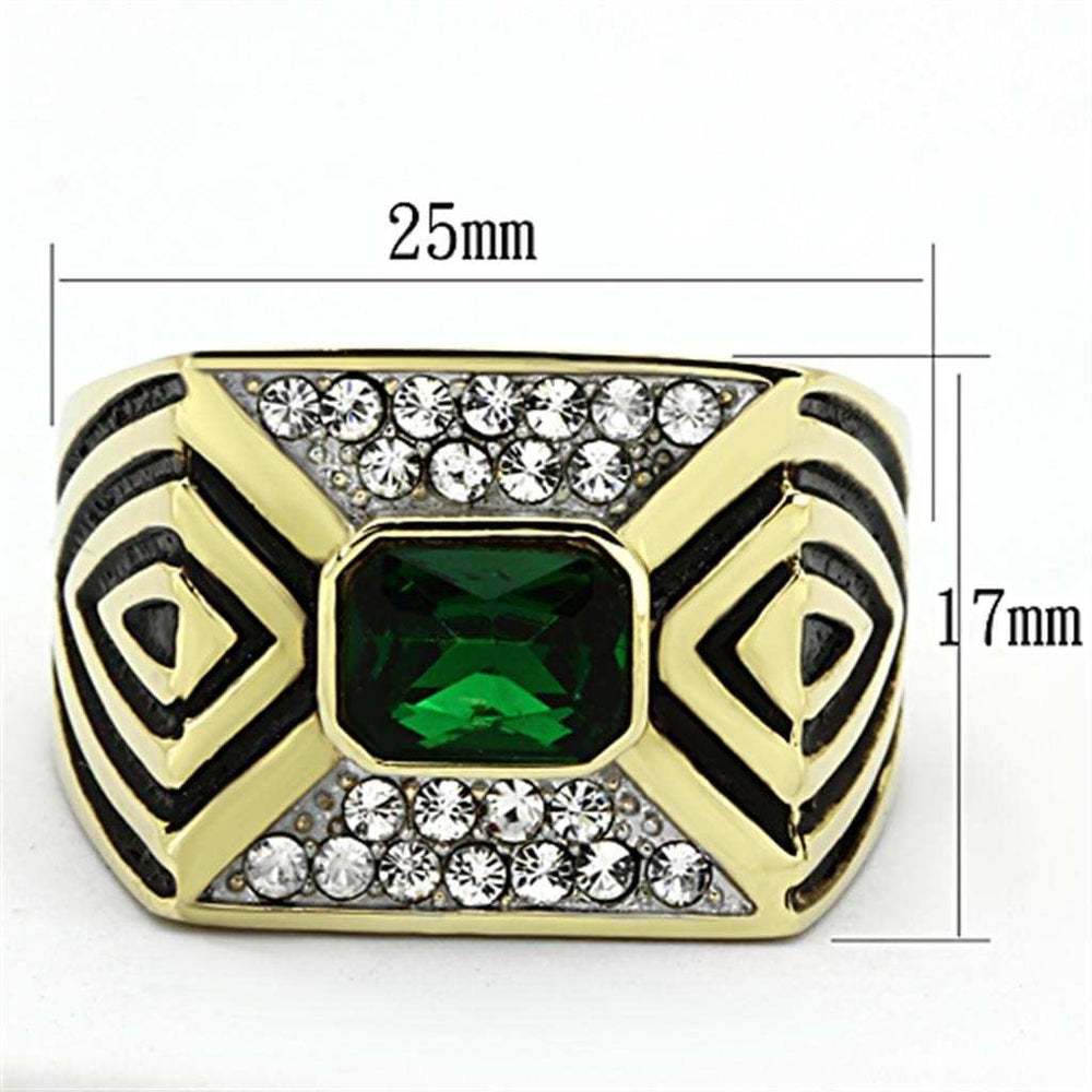TK1195 - Two-Tone IP Gold (Ion Plating) Stainless Steel Ring with Synthetic Synthetic Glass in Emerald - Alamode - Flyclothing LLC