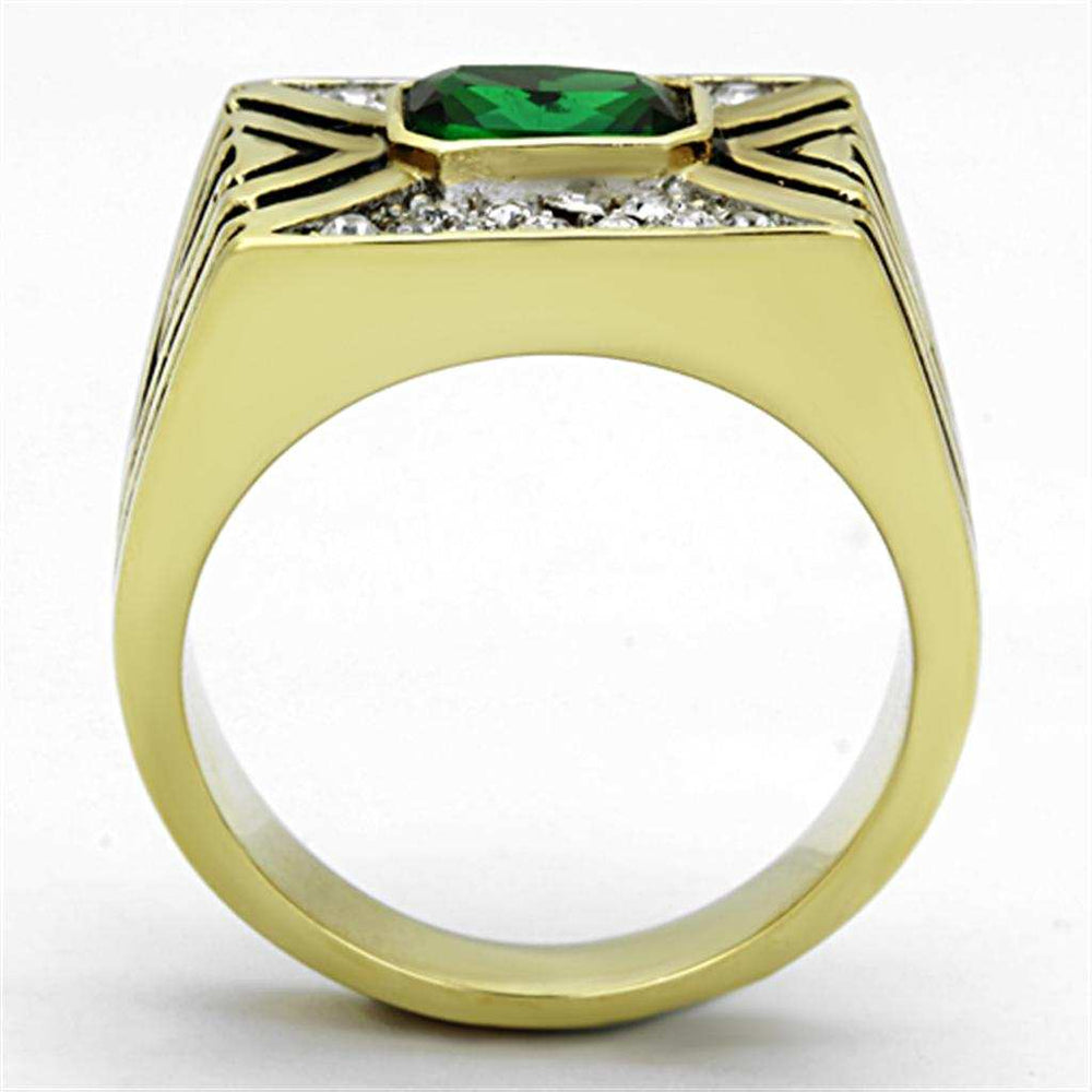 TK1195 - Two-Tone IP Gold (Ion Plating) Stainless Steel Ring with Synthetic Synthetic Glass in Emerald - Alamode - Flyclothing LLC