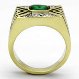 TK1195 - Two-Tone IP Gold (Ion Plating) Stainless Steel Ring with Synthetic Synthetic Glass in Emerald - Alamode - Flyclothing LLC