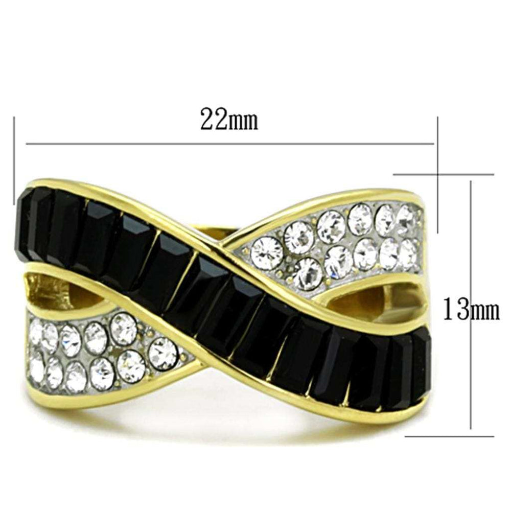 TK1577 - Two-Tone IP Gold (Ion Plating) Stainless Steel Ring with Top Grade Crystal in Jet - Alamode - Flyclothing LLC