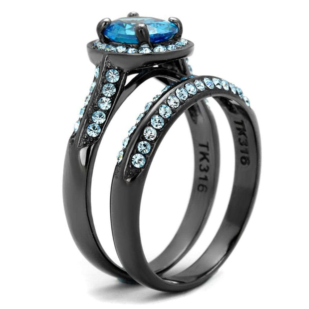 TK1W163LJ - IP Light Black (IP Gun) Stainless Steel Ring with AAA Grade CZ in Sea Blue - Alamode - Flyclothing LLC