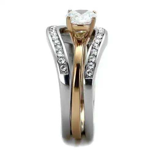 TK2032 - Two-Tone IP Rose Gold Stainless Steel Ring with AAA Grade CZ in Clear - Alamode - Flyclothing LLC