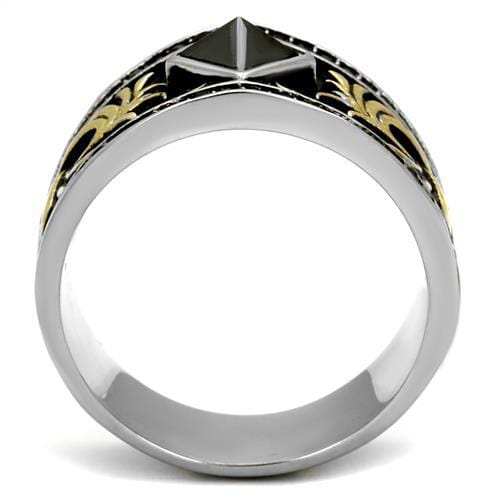 TK2232 - Two-Tone IP Gold (Ion Plating) Stainless Steel Ring with Synthetic Synthetic Glass in Jet - Alamode - Flyclothing LLC