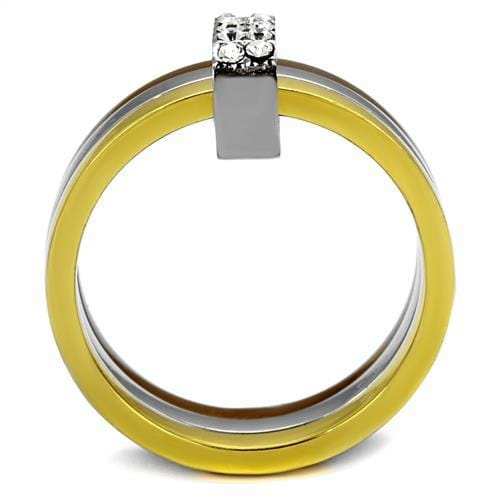 TK2600 - Three Tone IP(IP Gold & IP Light coffee & High Polished) Stainless Steel Ring with Top Grade Crystal in Clear - Alamode - Flyclothing LLC