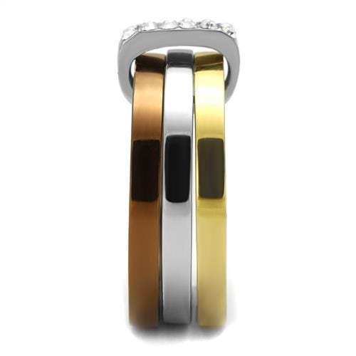 TK2600 - Three Tone IP(IP Gold & IP Light coffee & High Polished) Stainless Steel Ring with Top Grade Crystal in Clear - Alamode - Flyclothing LLC