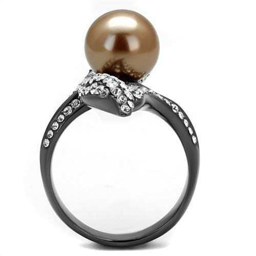TK2834 - IP Light Black (IP Gun) Stainless Steel Ring with Synthetic Pearl in Brown - Alamode - Flyclothing LLC