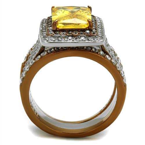 TK2962 - Two Tone IP Light Brown (IP Light coffee) Stainless Steel Ring with AAA Grade CZ in Topaz - Alamode - Flyclothing LLC