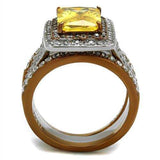 TK2962 - Two Tone IP Light Brown (IP Light coffee) Stainless Steel Ring with AAA Grade CZ in Topaz - Alamode - Flyclothing LLC