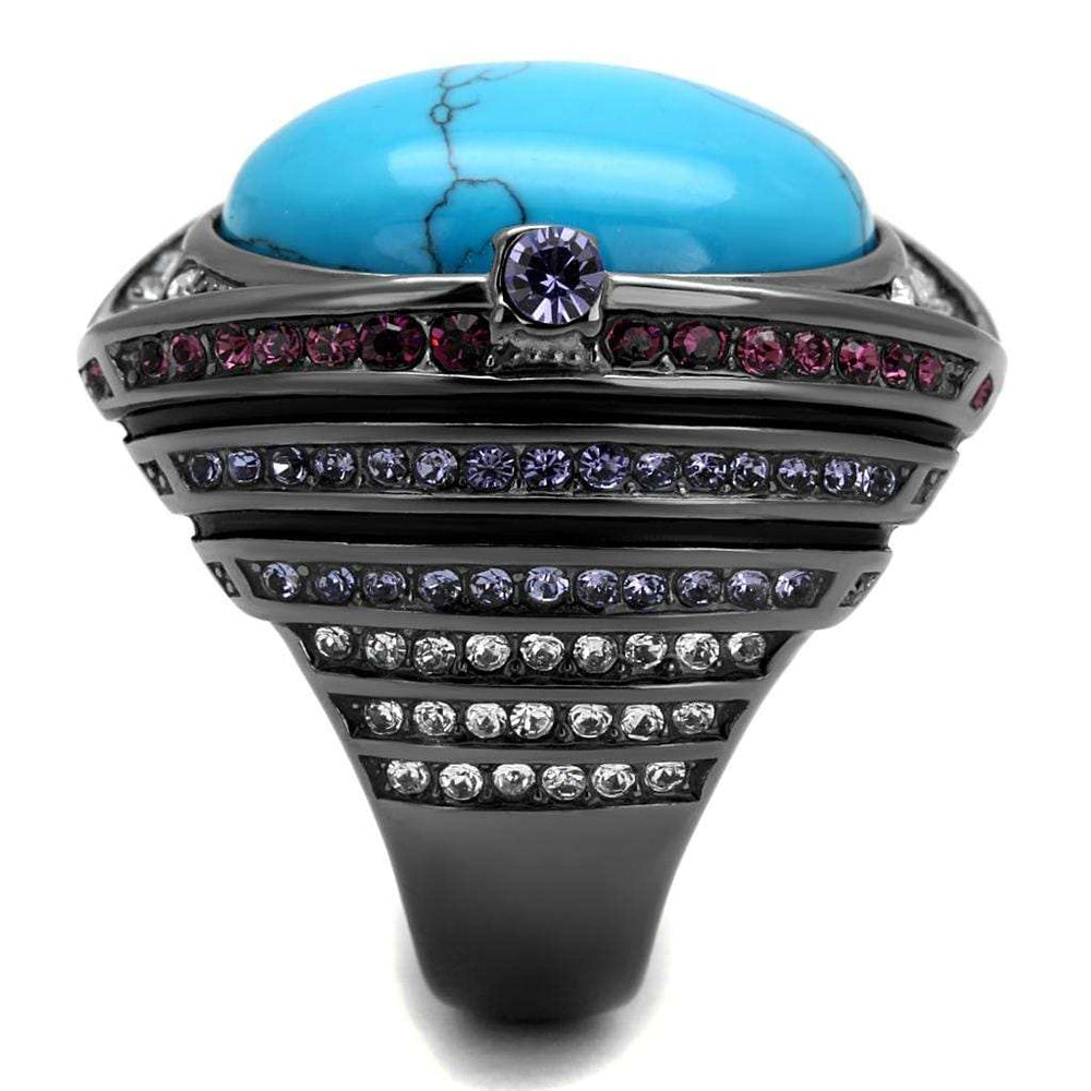 TK2983 - IP Light Black (IP Gun) Stainless Steel Ring with Synthetic Turquoise in Sea Blue - Alamode - Flyclothing LLC