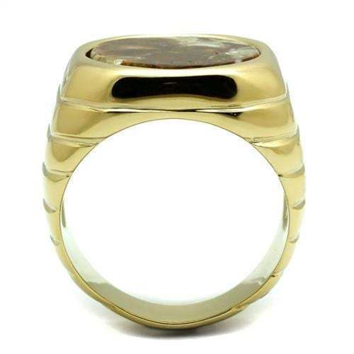 TK3017 - IP Gold(Ion Plating) Stainless Steel Ring with Semi-Precious Oligoclase in Smoked Quartz - Alamode - Flyclothing LLC