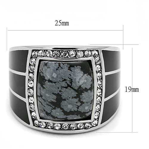 TK3042 - High polished (no plating) Stainless Steel Ring with Semi-Precious Snowflake Obsidian in Jet - Alamode - Flyclothing LLC