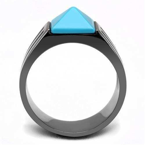 TK3074 - IP Light Black (IP Gun) Stainless Steel Ring with Synthetic Turquoise in Sea Blue - Alamode - Flyclothing LLC