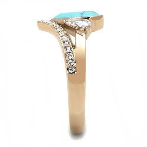 TK3200 - IP Rose Gold(Ion Plating) Stainless Steel Ring with Synthetic Turquoise in Sea Blue - Alamode - Flyclothing LLC