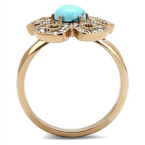 TK3201 - IP Rose Gold(Ion Plating) Stainless Steel Ring with Synthetic Turquoise in Sea Blue - Alamode - Flyclothing LLC
