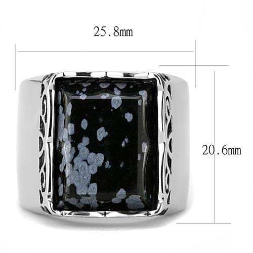 TK3230 - High polished (no plating) Stainless Steel Ring with Semi-Precious Snowflake Obsidian in Jet - Alamode - Flyclothing LLC