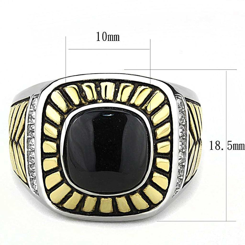 TK3294 - Two-Tone IP Gold (Ion Plating) Stainless Steel Ring with Synthetic Onyx in Jet - Alamode - Flyclothing LLC