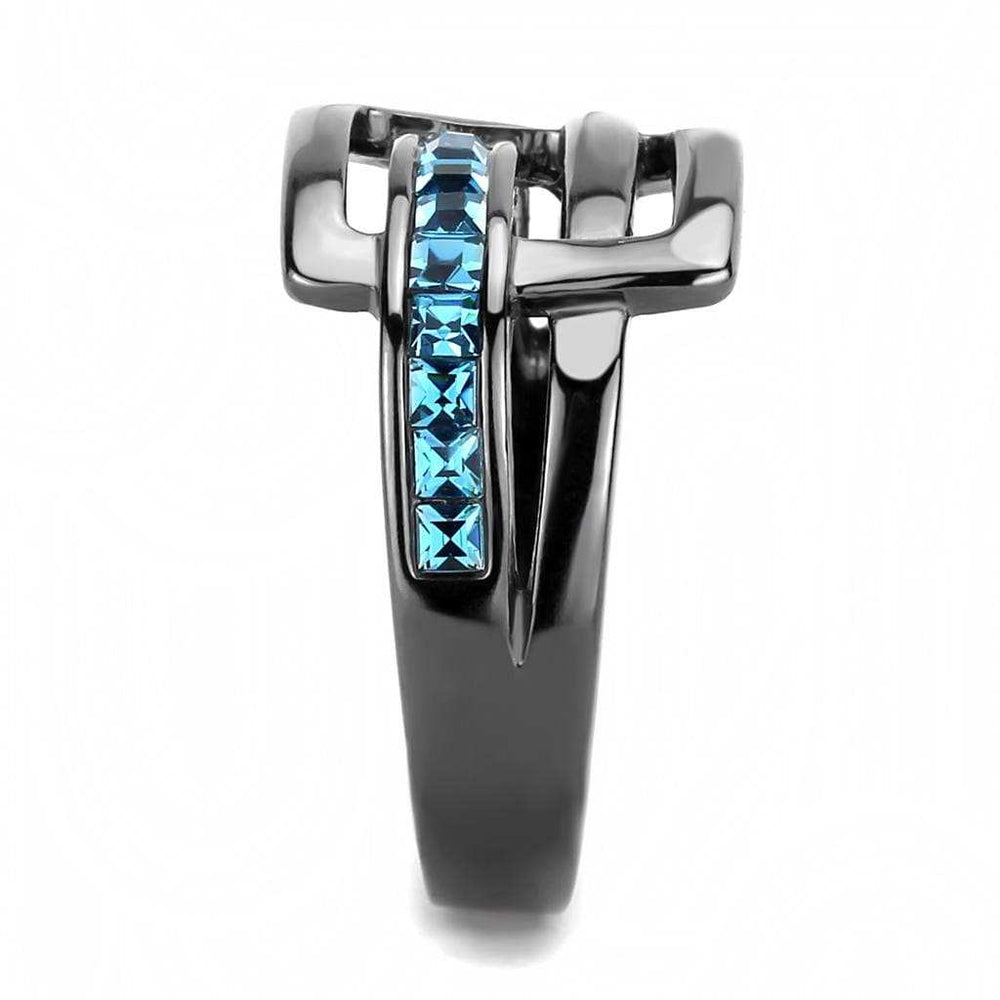 TK3451 - IP Light Black (IP Gun) Stainless Steel Ring with Top Grade Crystal in Sea Blue - Alamode - Flyclothing LLC