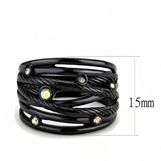 TK3566 - IP Black(Ion Plating) Stainless Steel Ring with Top Grade Crystal in Aurora Borealis (Rainbow Effect) - Alamode - Flyclothing LLC
