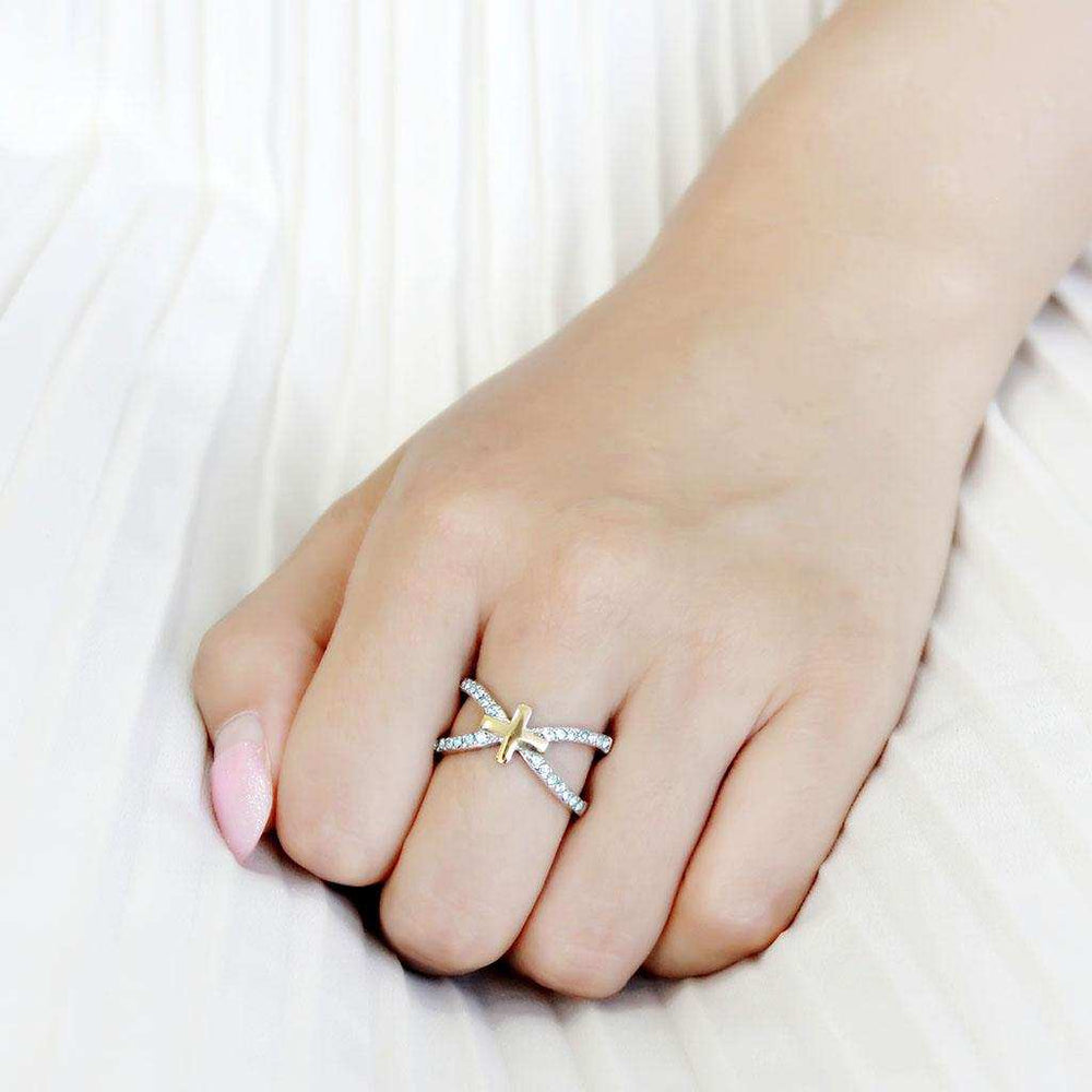 TK3636 - Two-Tone IP Gold (Ion Plating) Stainless Steel Ring with Top Grade Crystal in Sea Blue - Alamode - Flyclothing LLC