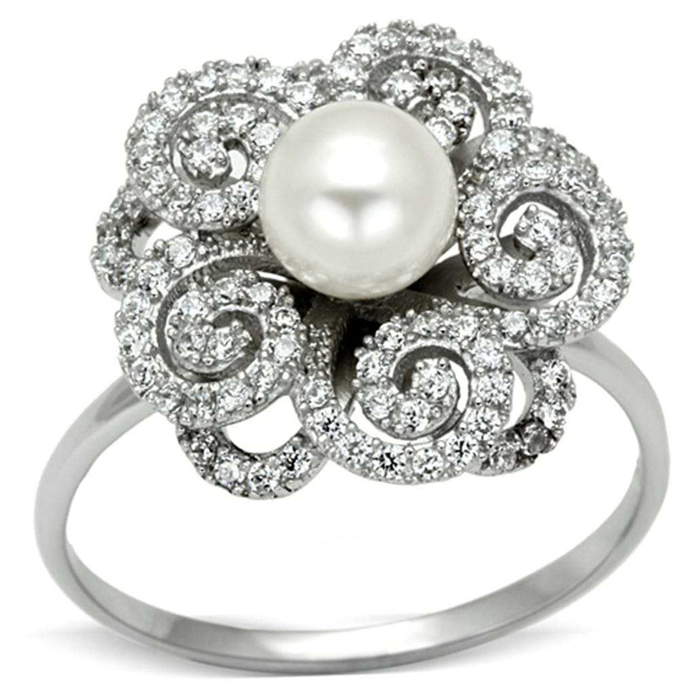 TS070 - Rhodium 925 Sterling Silver Ring with Synthetic Pearl in White - Alamode - Flyclothing LLC