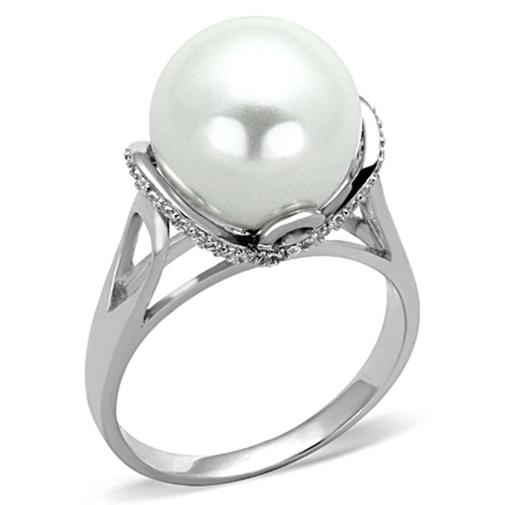 TS154 - Rhodium 925 Sterling Silver Ring with Synthetic Pearl in White - Alamode - Flyclothing LLC