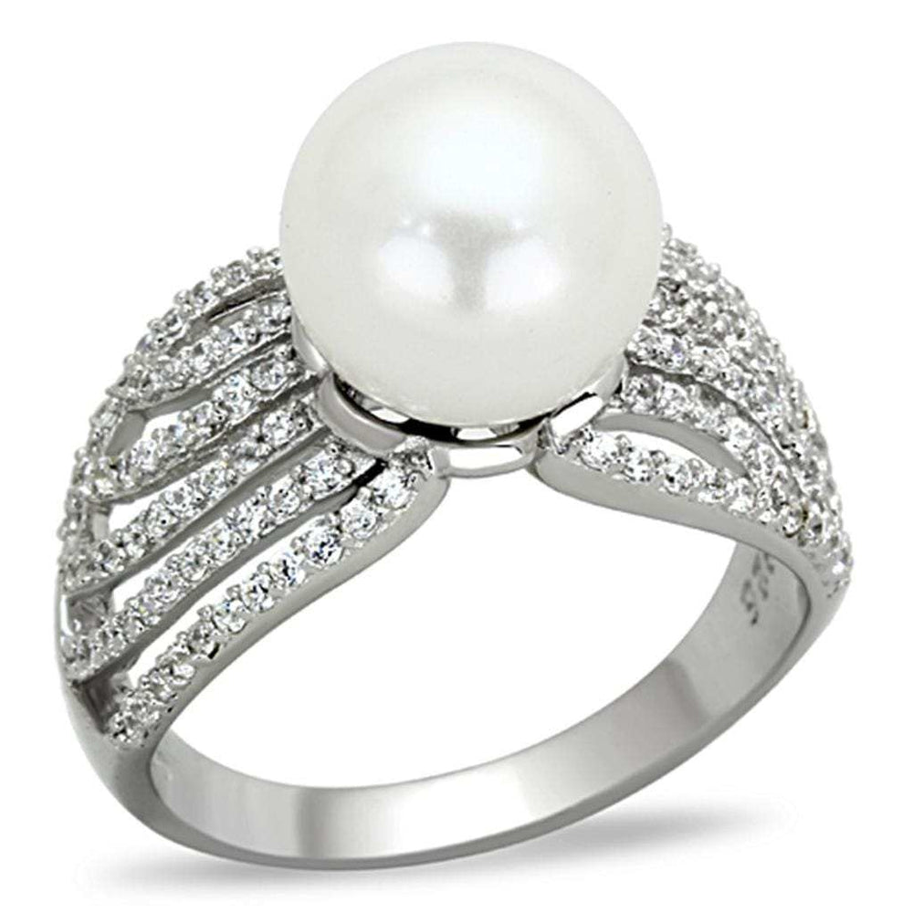 TS169 - Rhodium 925 Sterling Silver Ring with Synthetic Pearl in White - Alamode - Flyclothing LLC