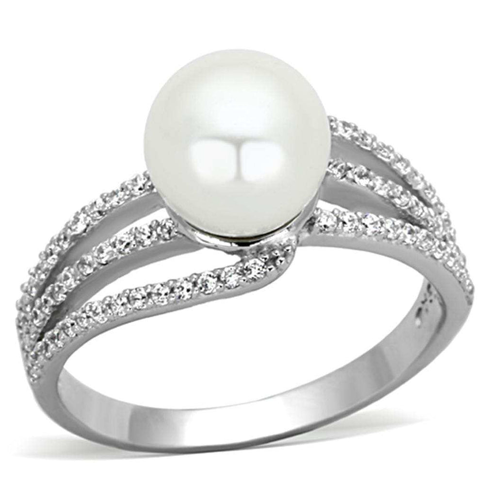 TS170 - Rhodium 925 Sterling Silver Ring with Synthetic Pearl in White - Alamode - Flyclothing LLC