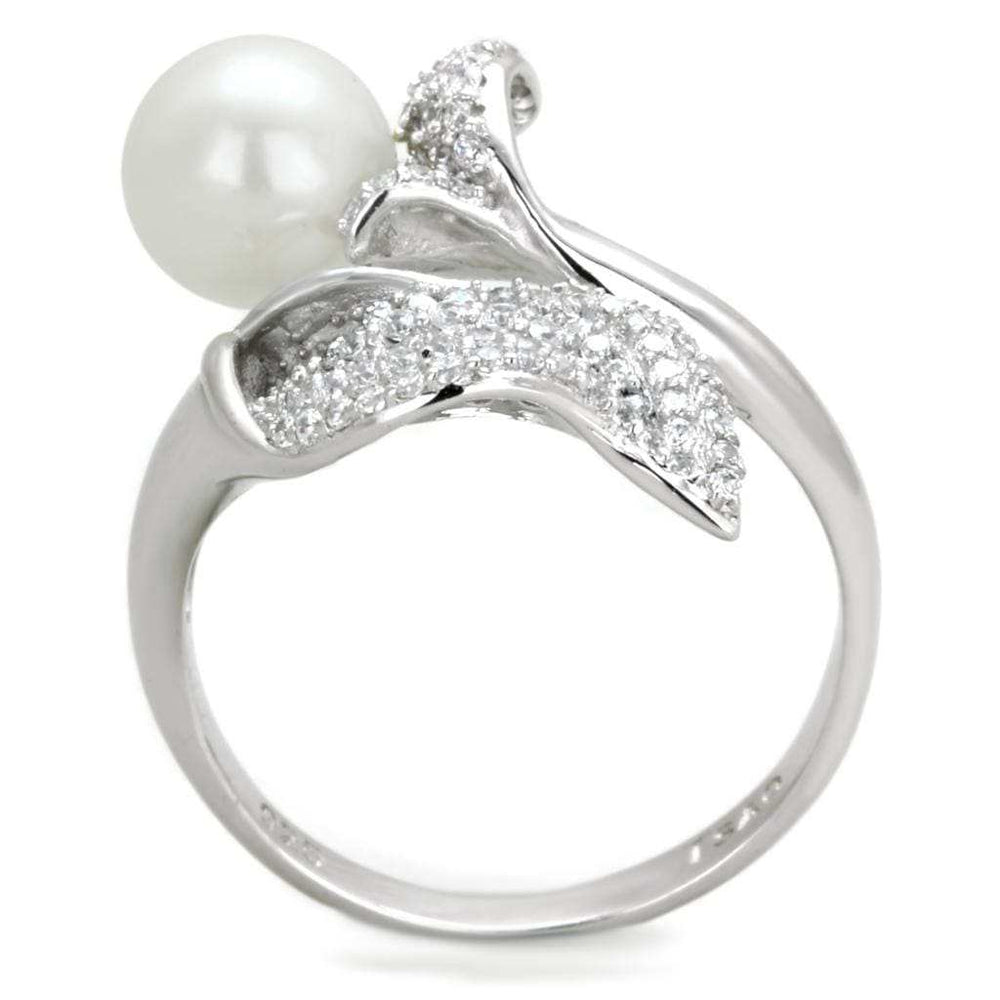 TS329 - Rhodium 925 Sterling Silver Ring with Synthetic Pearl in White - Alamode - Flyclothing LLC