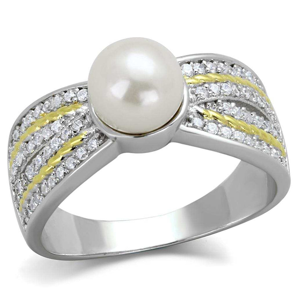 TS377 - Reverse Two-Tone 925 Sterling Silver Ring with Synthetic Pearl in White - Alamode - Flyclothing LLC
